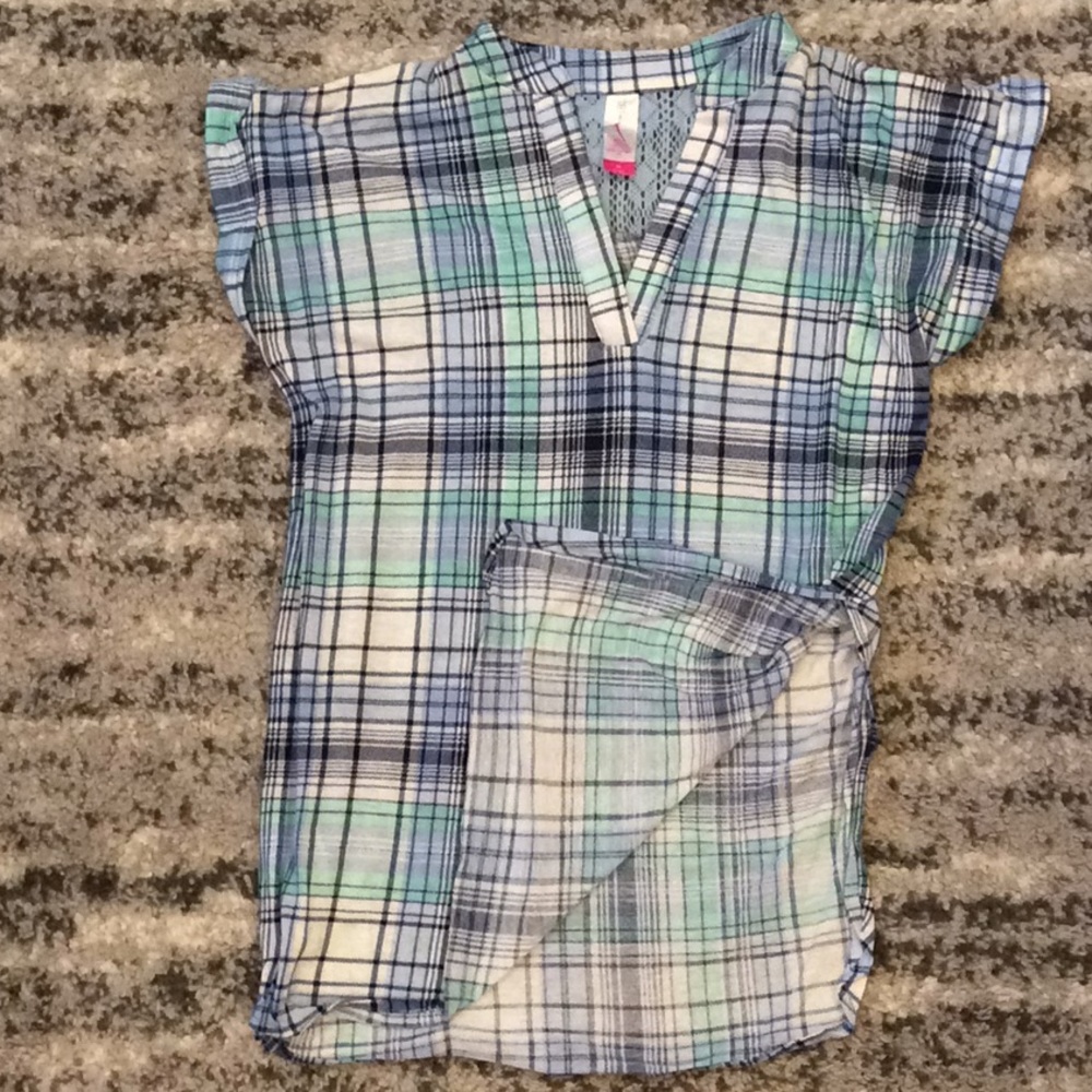 Blue, Turquoise, and White Plaid T-Shirt